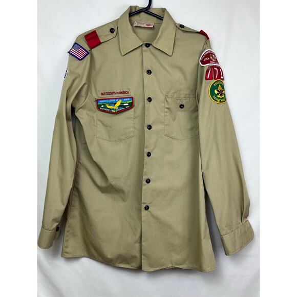 Boy Scotts of America Mens Med Long Tan Long Sleeve Button Up Shirt with Patches - Picture 1 of 8